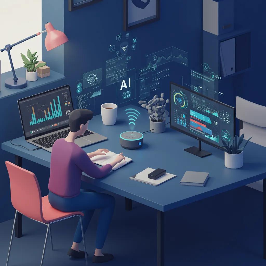 Modern workspace with voice AI technology and user interaction Modern workspace with voice AI technology and user interaction