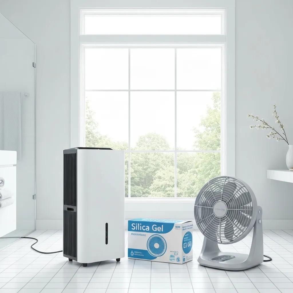 Hygrometer and dehumidifier on a hardwood floor as part of a moisture control setup