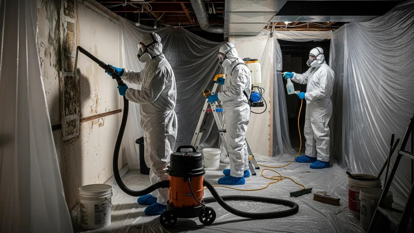Mold remediation professionals using techniques to remove mold in a basement