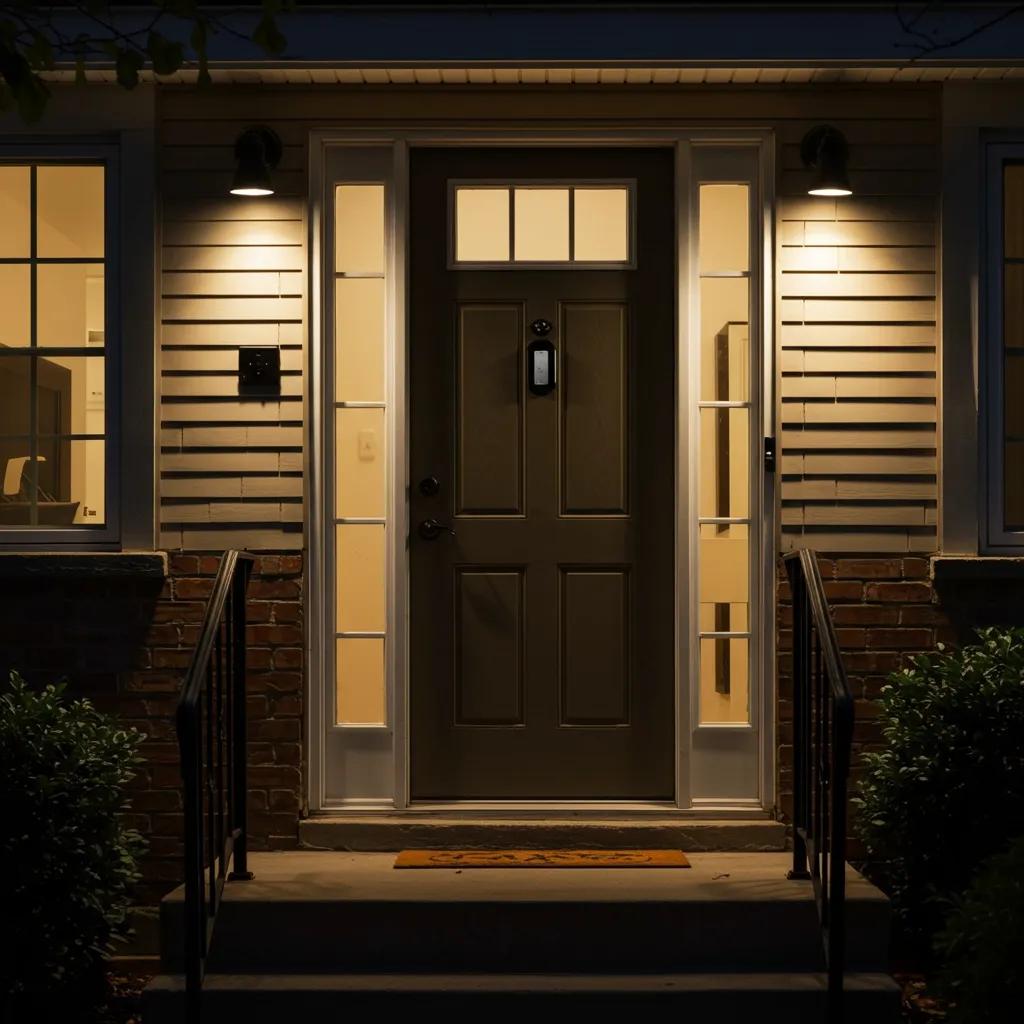 Montreal home with visible security upgrades including a deadbolt and motion lighting
