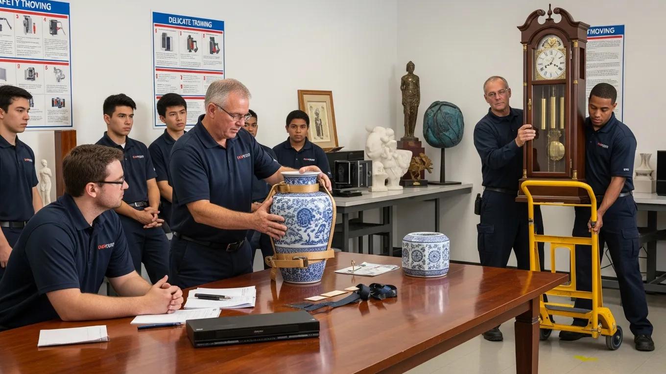 Movers in training session learning safe handling practices for delicate and high-value items