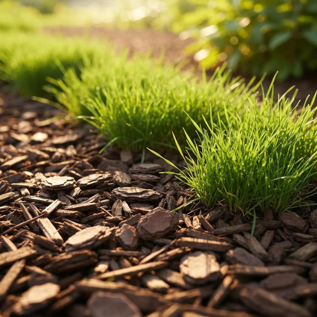 Mulched garden bed demonstrating effective weed suppression and healthy grass growth