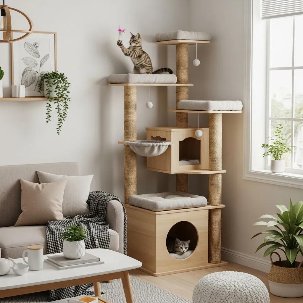 Multi-functional cat tree in a small living space, combining play and space efficiency Multi-functional cat tree in a small living space, combining play and space efficiency