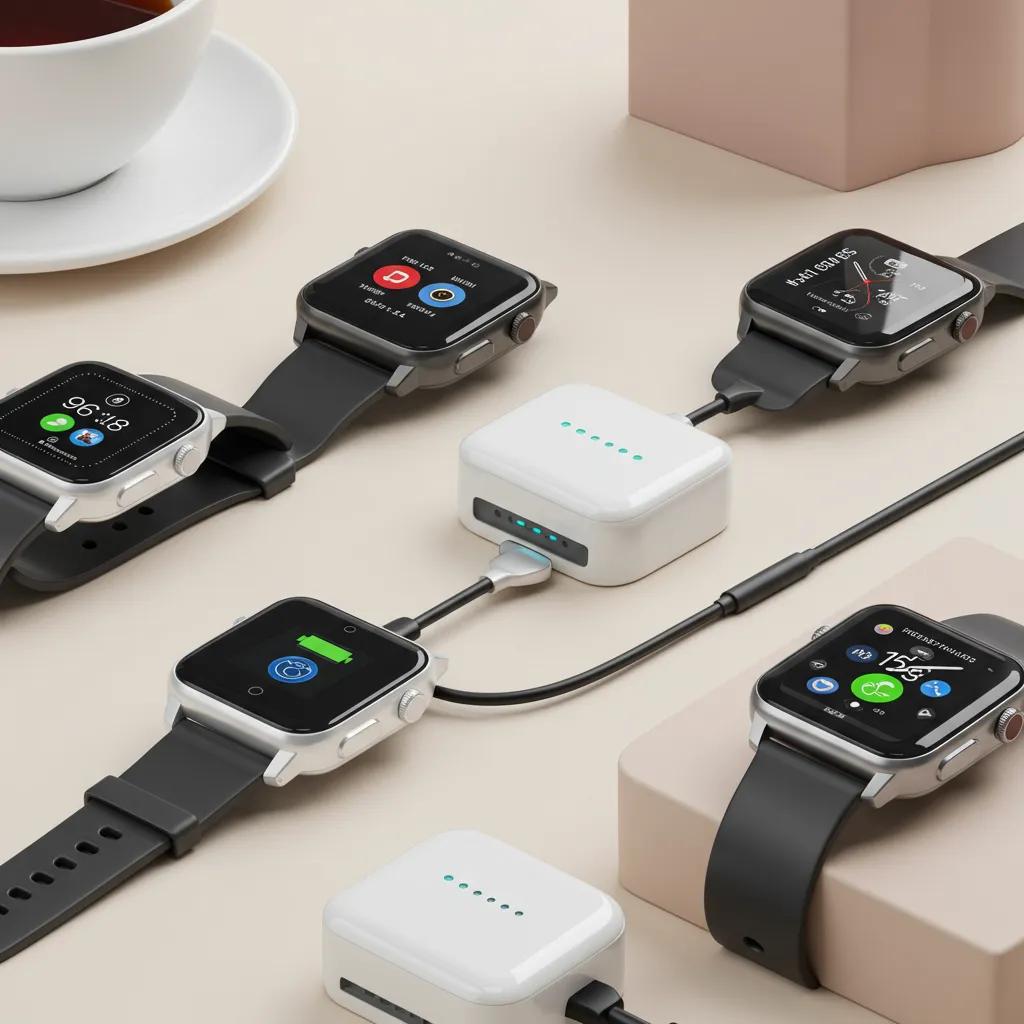 Multiple smartwatches of different brands with a single magnetic charger, illustrating universal compatibility