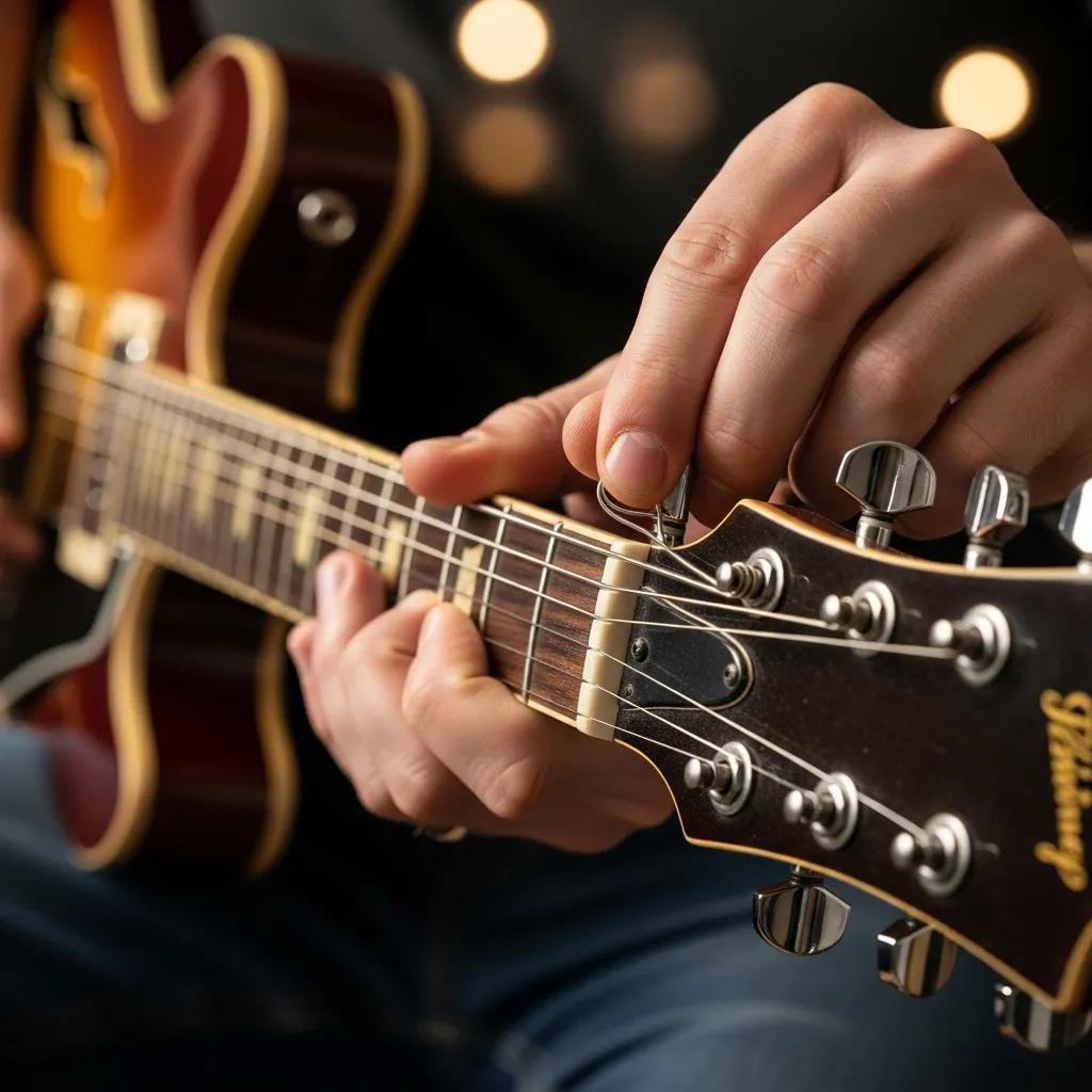 Musician adjusting string tension on a high-end guitar
