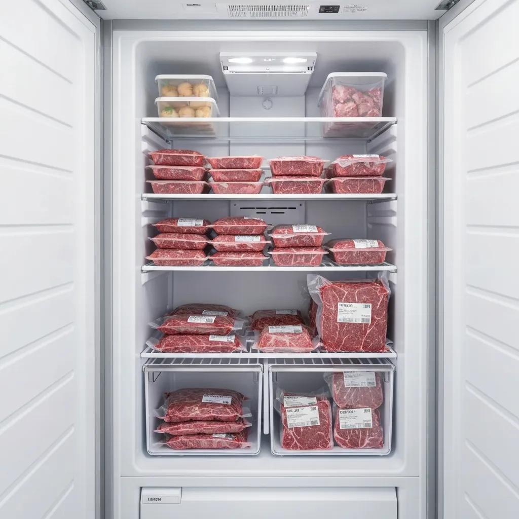 Organized vacuum‑sealed beef packages neatly stored in a clean freezer to illustrate efficient packing