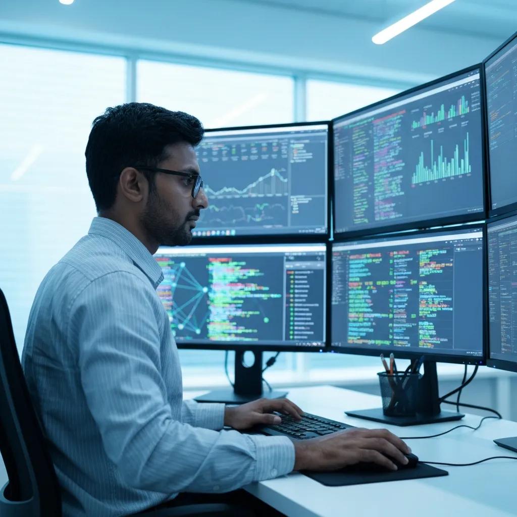 Security analyst reviewing network traffic for intrusions in an operations center