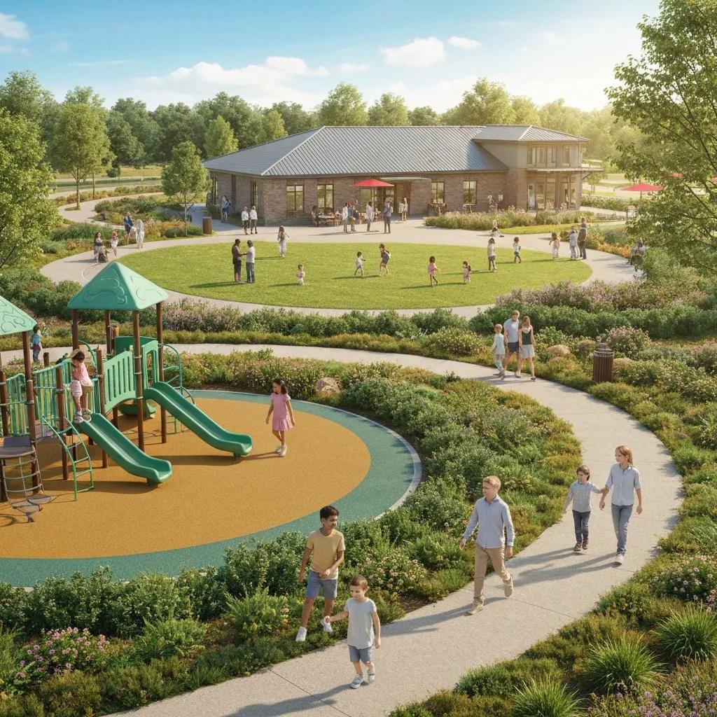 New home community with playground and walking trails—highlighting lifestyle amenities and neighborhood living