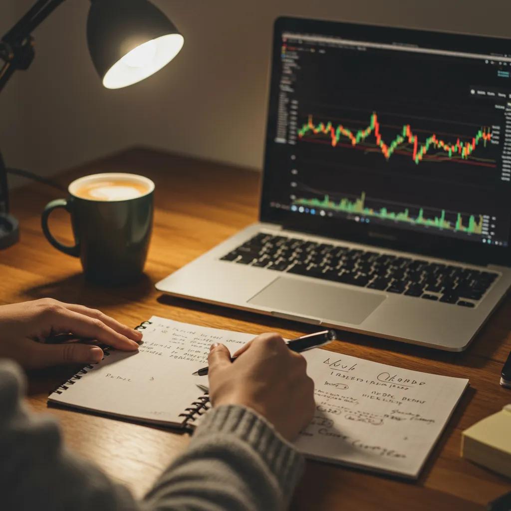 New investor studying stock trading fundamentals in a cozy home workspace