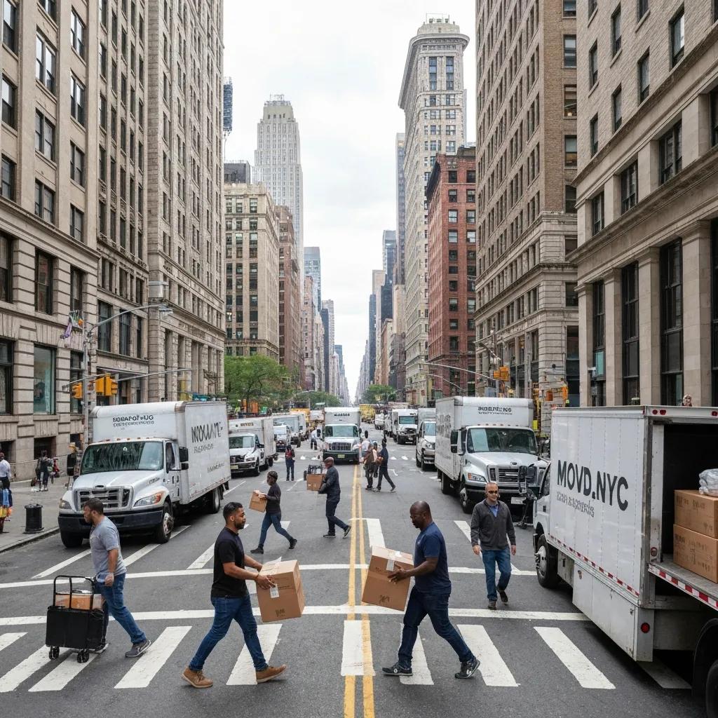 New York City moving scene with trucks and people illustrating the convenience of a moving marketplace