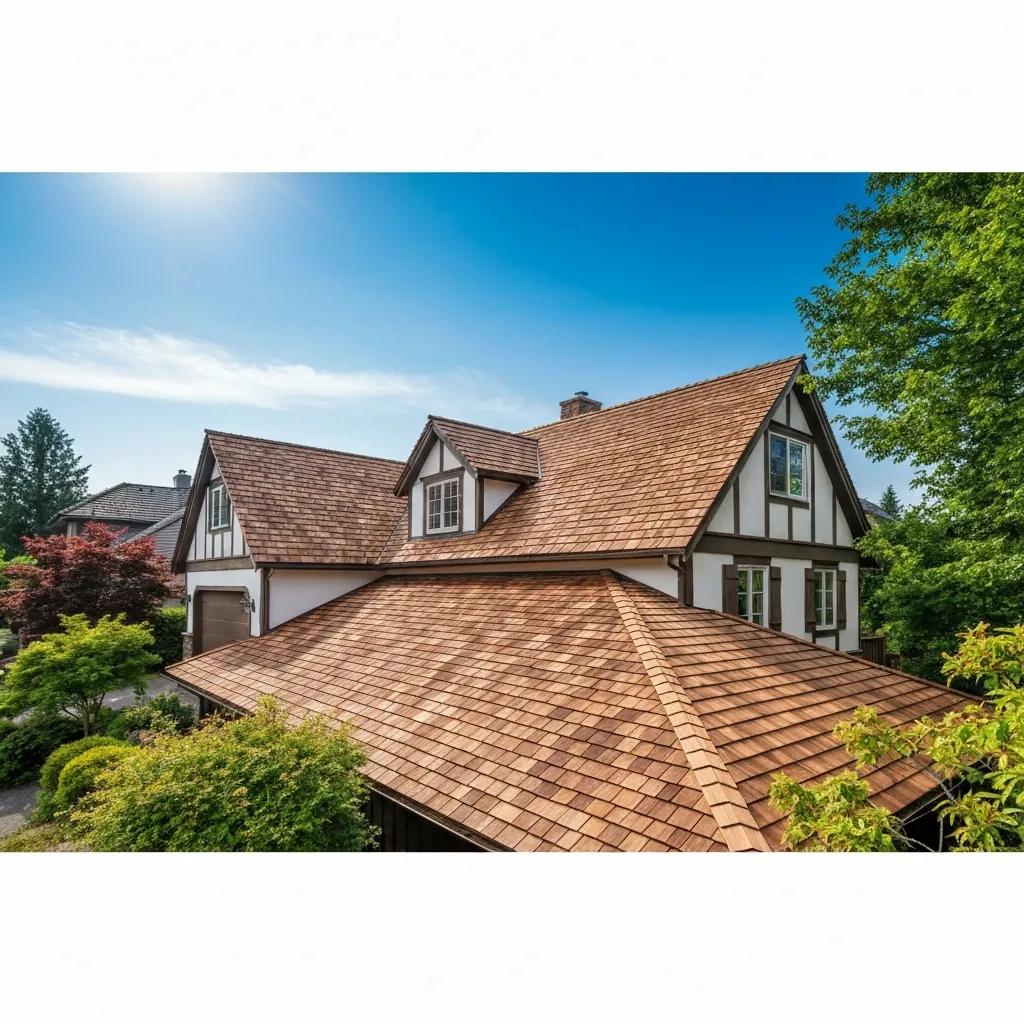 Newly installed cedar shake roof on a residential home with mature trees