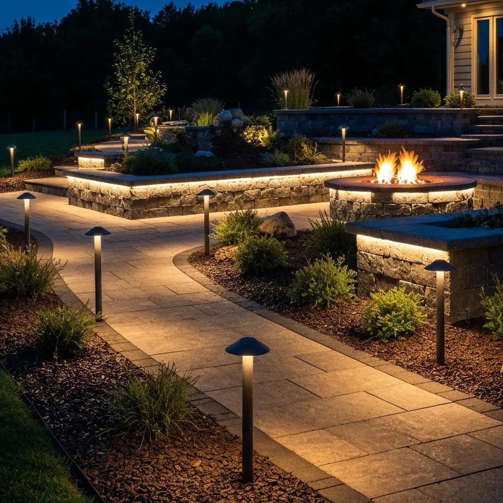 Nighttime view of low-voltage LED landscape lighting highlighting pathways and outdoor features