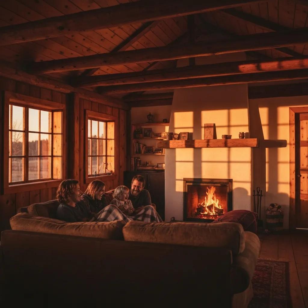 Child playing on a vintage wooden floor with a colourful rug in a cosy, nostalgic living room