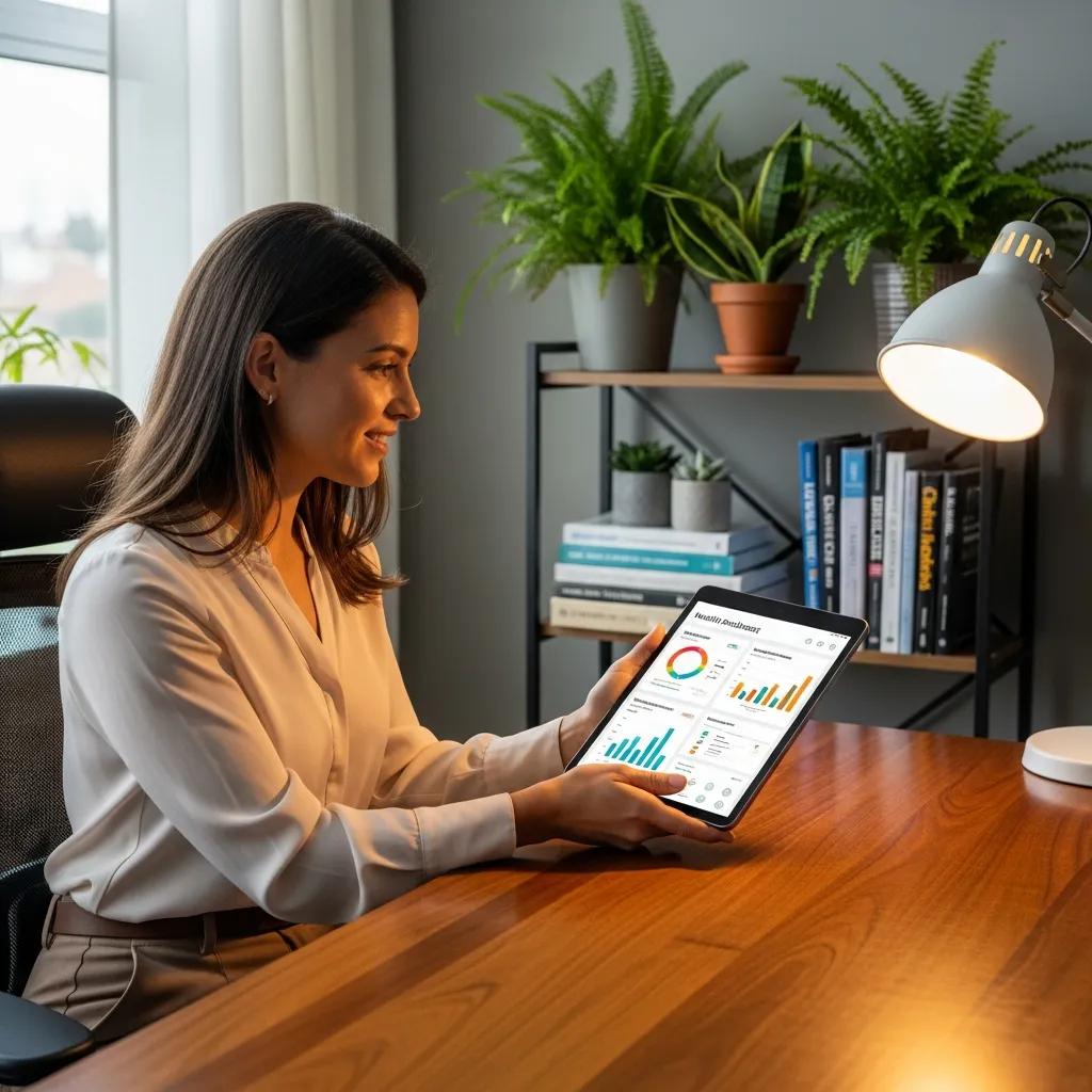 Nutricionista analizando datos en una tablet dentro de un consultorio acogedor