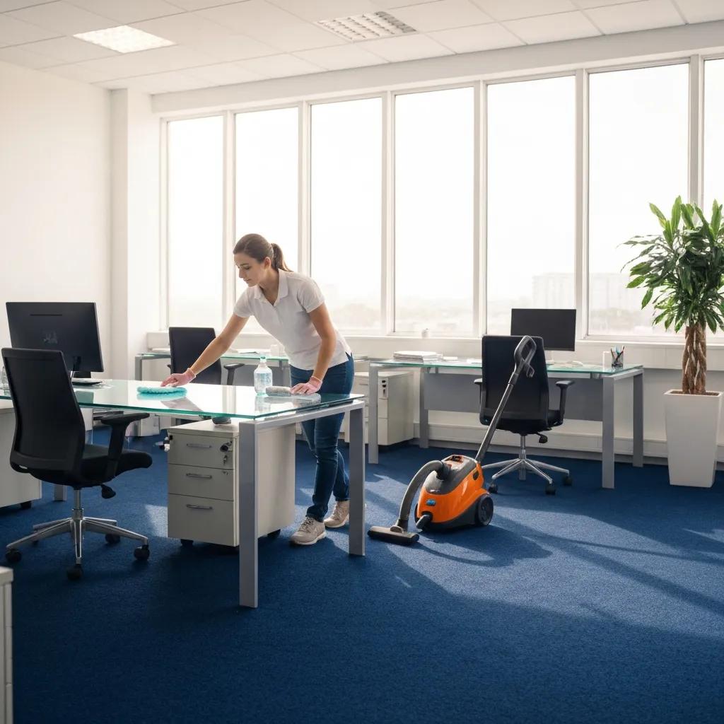 Office cleaning in progress — dusting and sanitising common areas