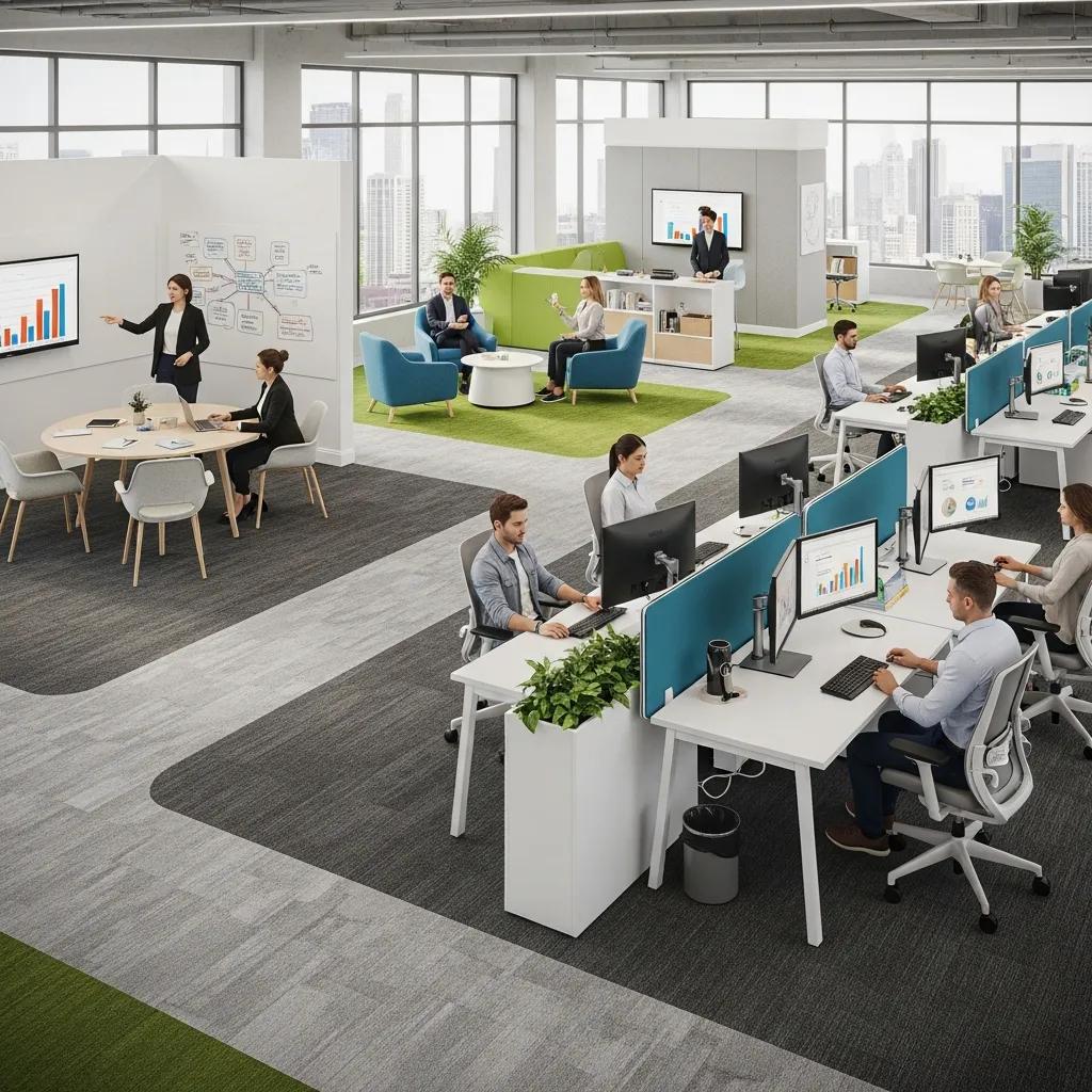 Office layout showcasing functional zoning and optimized workflow strategies