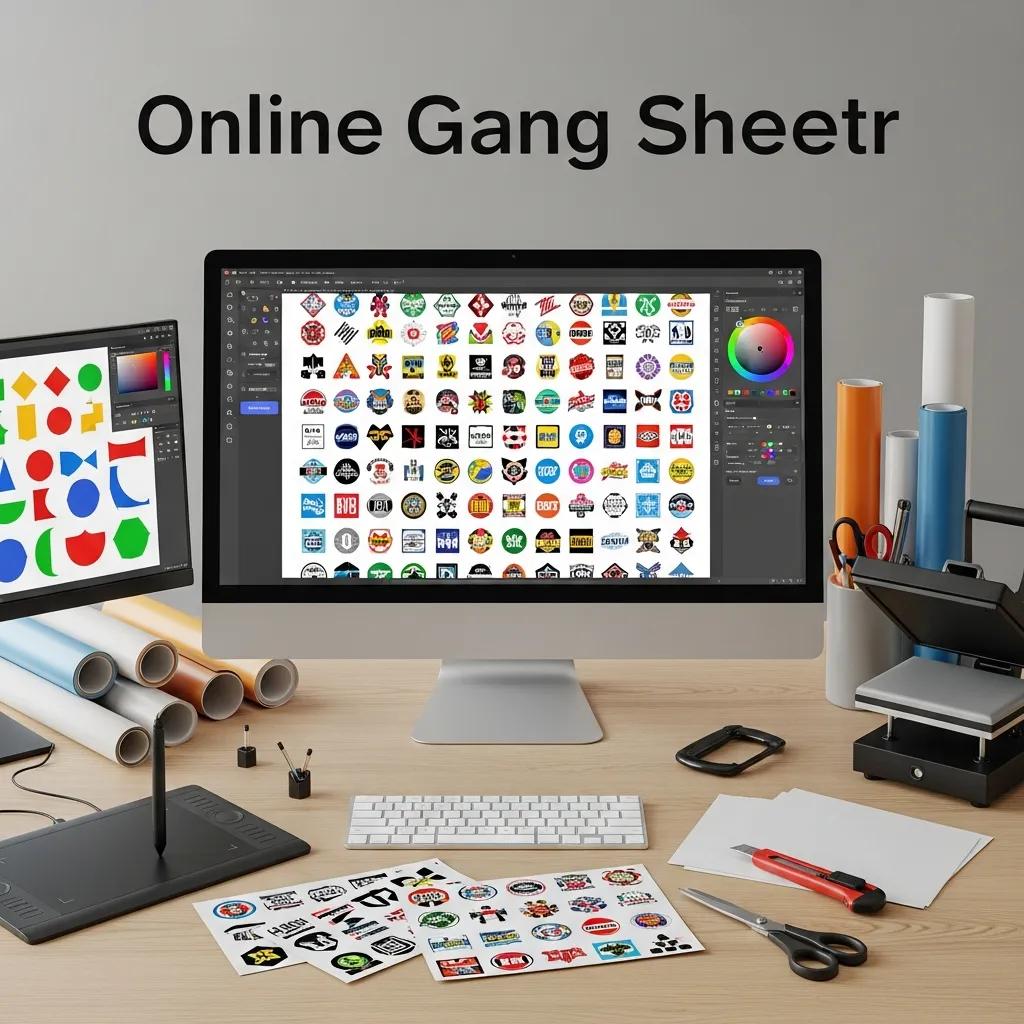 Screenshot mockup of a gang sheet creator arranging multiple DTF designs efficiently