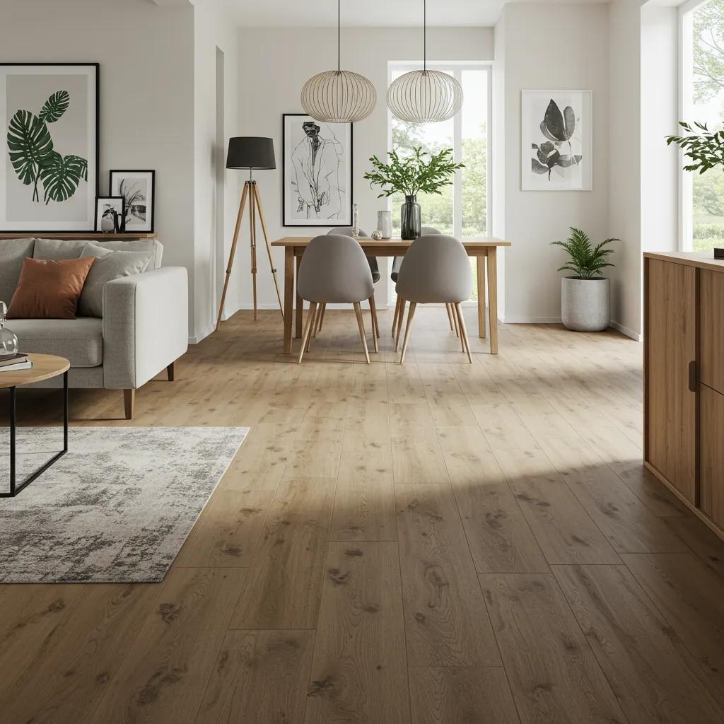 Open-plan living space featuring various flooring options like Luxury Vinyl Tile and engineered wood, showcasing a cozy and inviting atmosphere