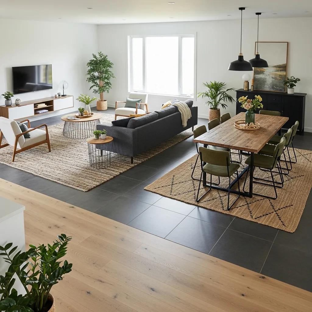 Open-plan space using rugs and flooring transitions to define living and dining areas