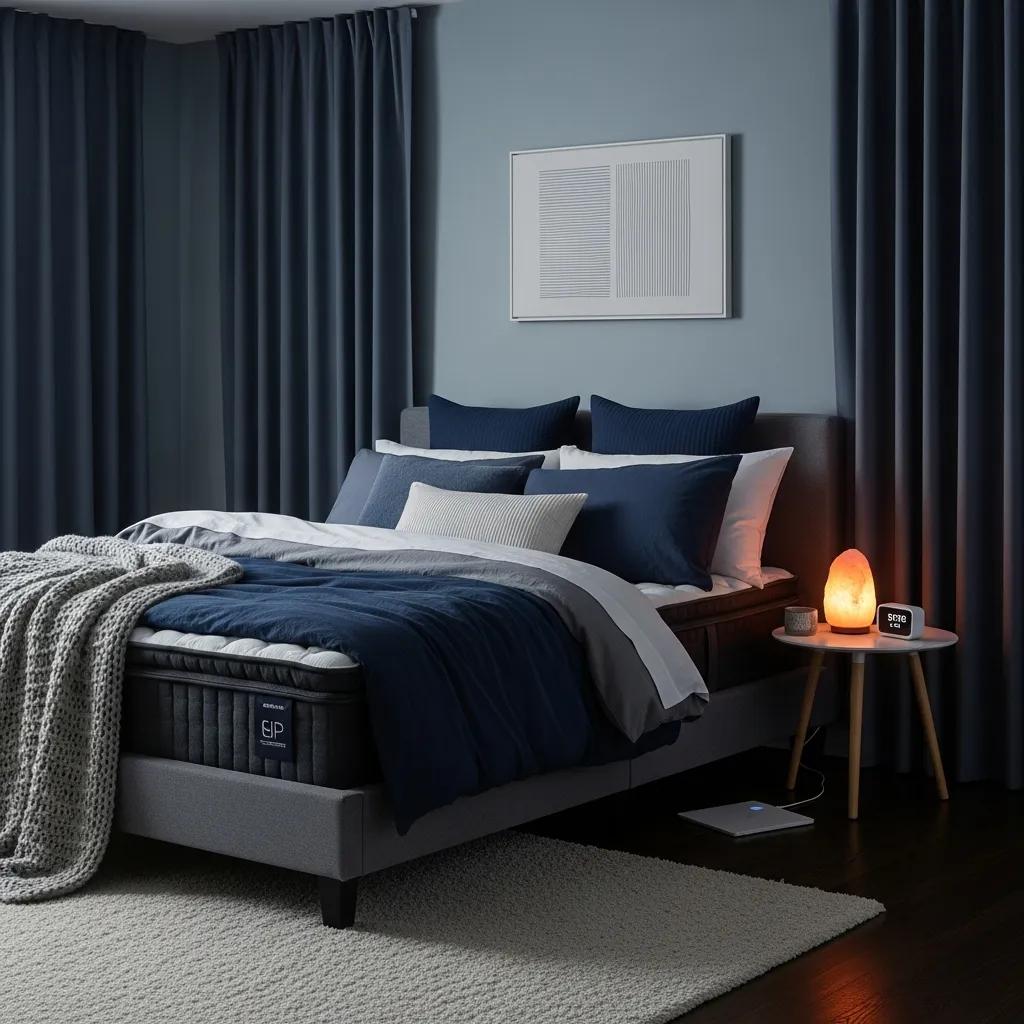 Calm, optimized bedroom with supportive bedding and low lighting