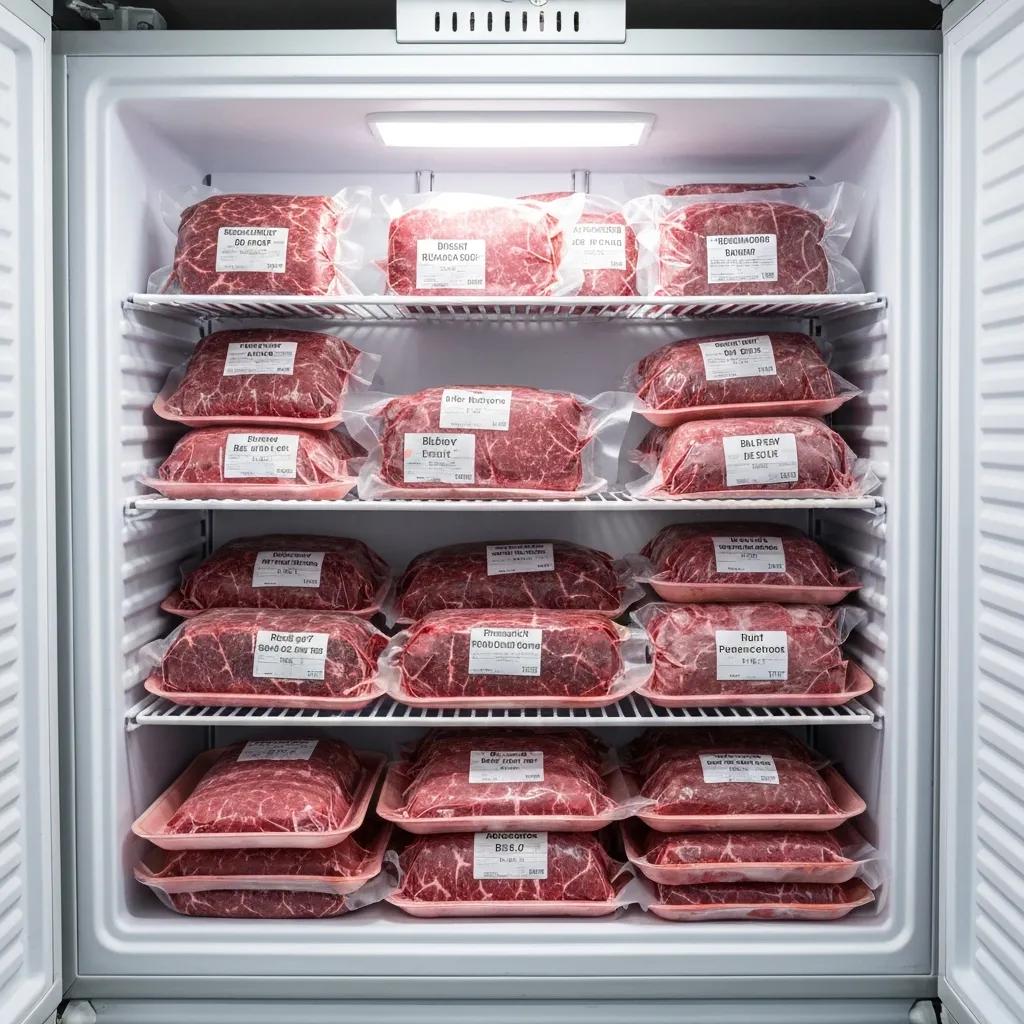 Chest freezer neatly packed with vacuum‑sealed beef packages—an example of efficient storage