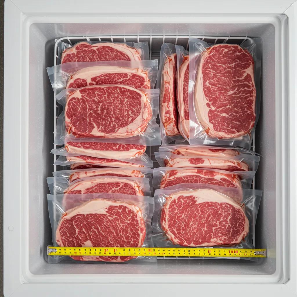 A meticulously organized chest freezer, showcasing vacuum-sealed packages of premium beef, clearly labeled for efficient storage and easy access