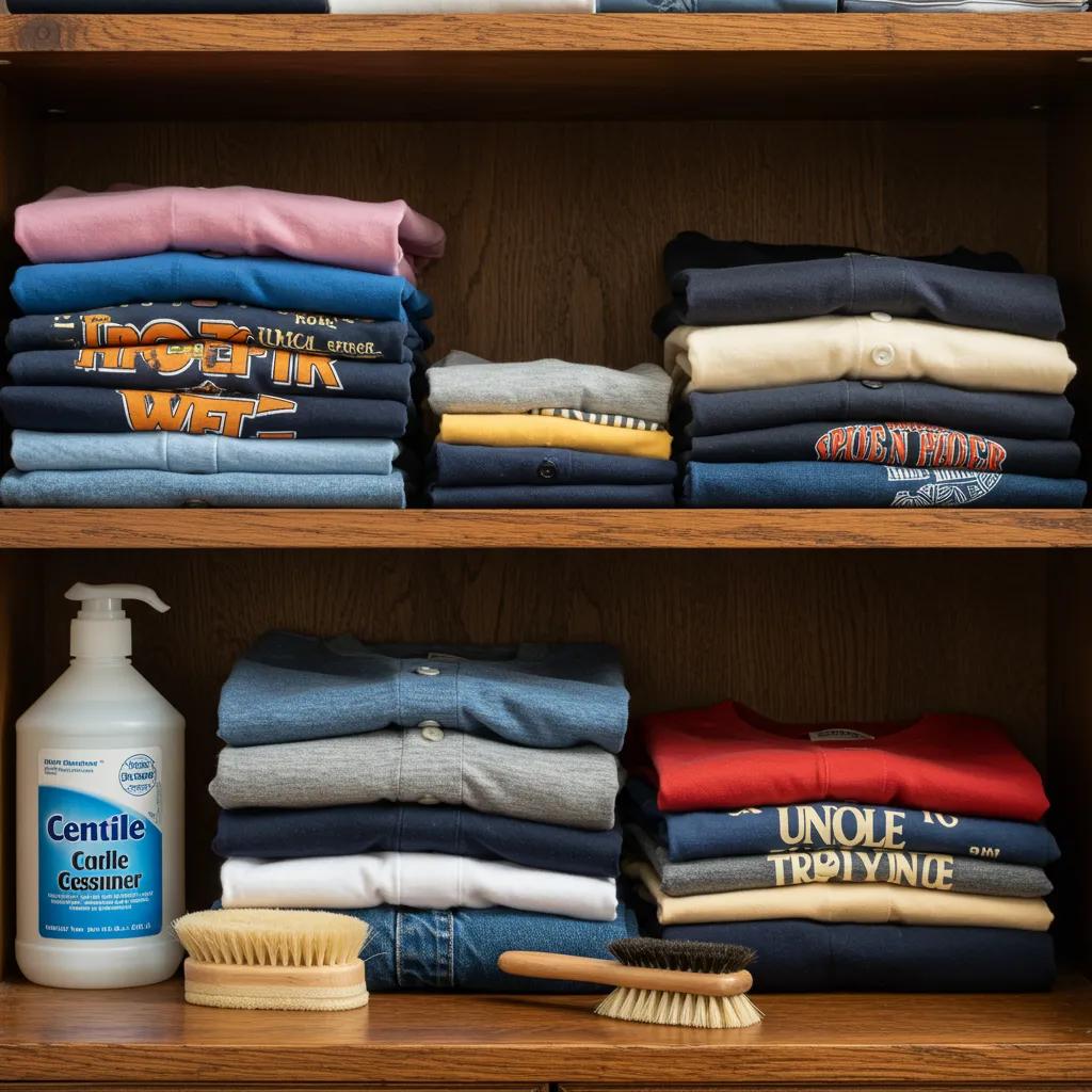 Organized collection of vintage graphic tees on a wooden shelf with care items, emphasizing preservation techniques