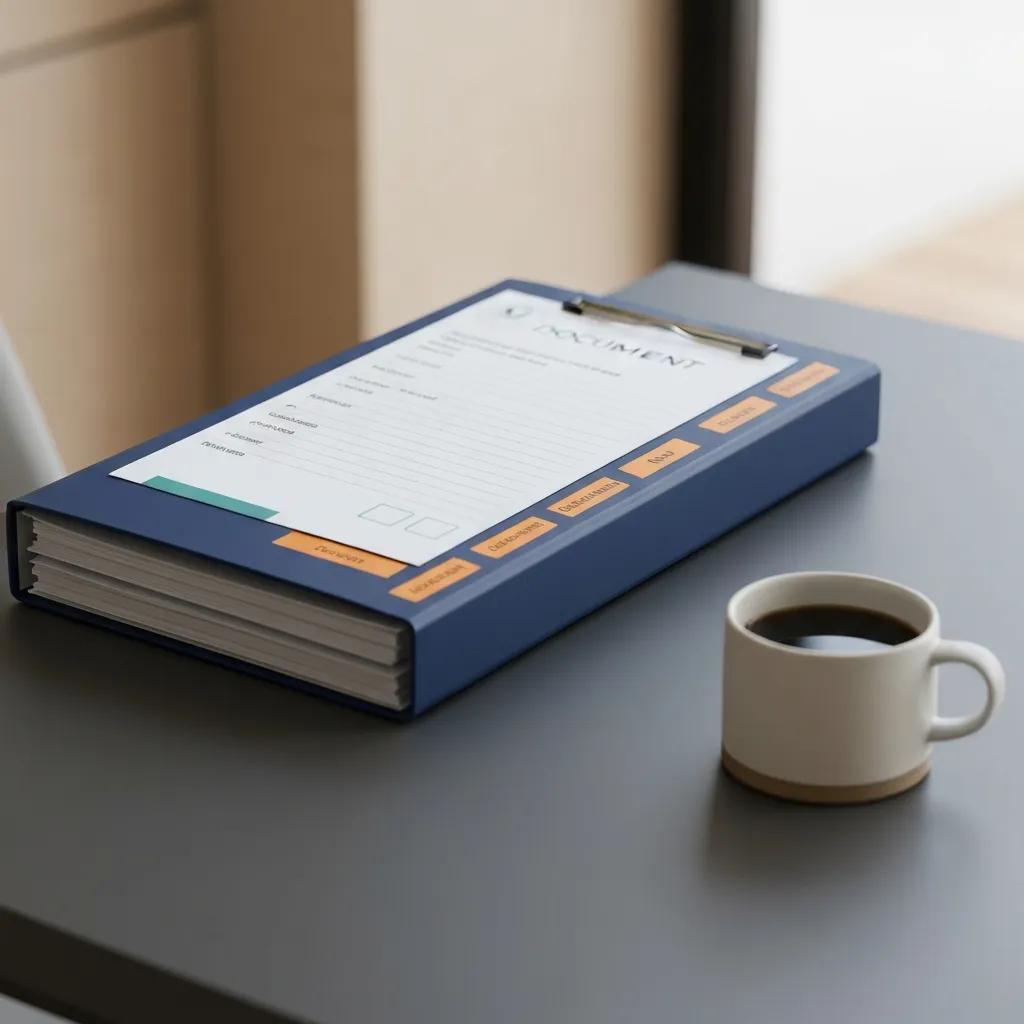 Neatly organized document folder and checklist for immigration application preparation