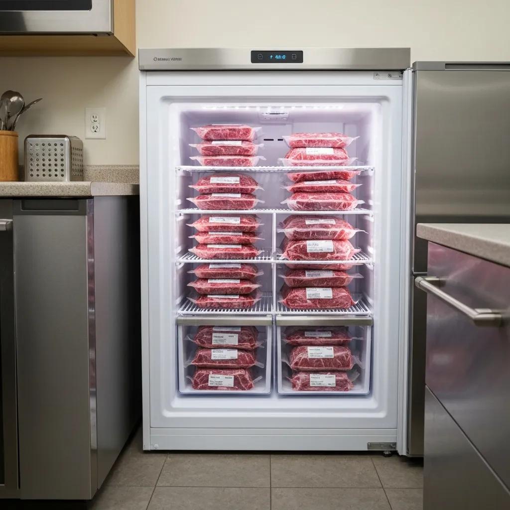 Well organized freezer packed with vacuum‑sealed packages of beef