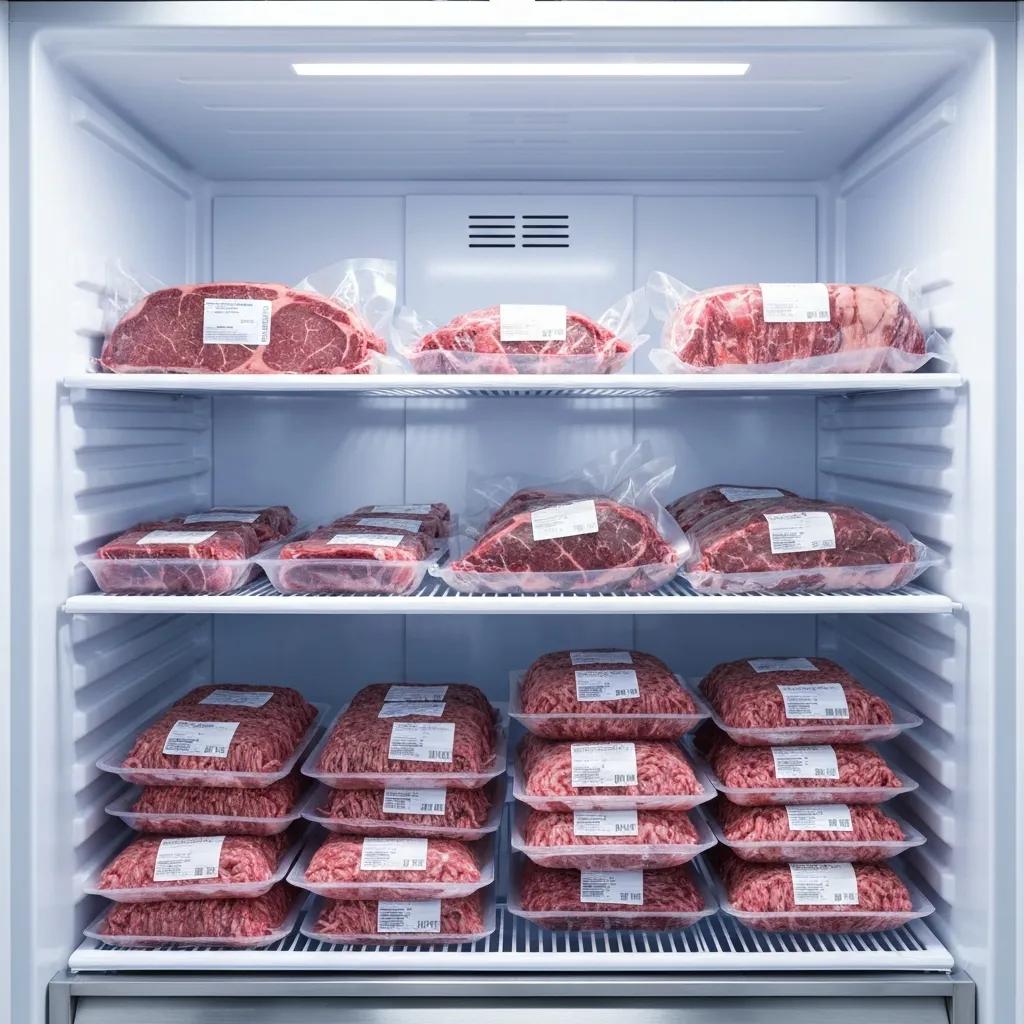 Neatly organized freezer with vacuum-sealed beef packages, showing efficient storage for bulk meat