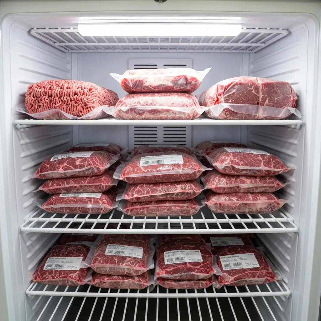 Well-organized freezer with vacuum-sealed beef packages, showing efficient storage for a half cow