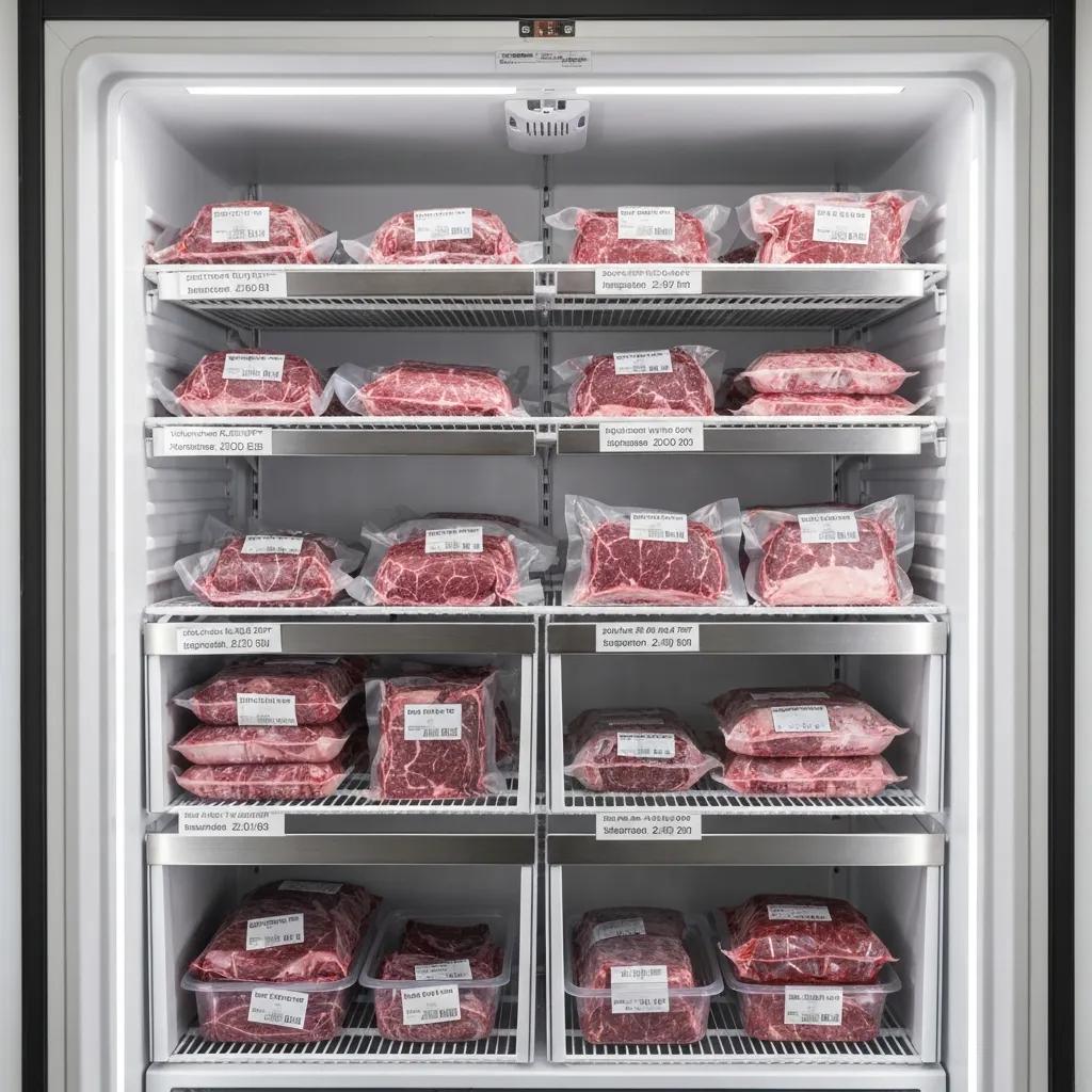 Organized freezer filled with vacuum‑sealed beef packs, showing efficient storage for a half‑cow