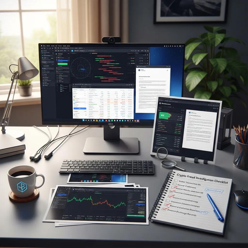 Workspace with organized screenshots, printed notes, and a checklist, emphasizing evidence preservation Workspace with organized screenshots, printed notes, and a checklist, emphasizing evidence preservation