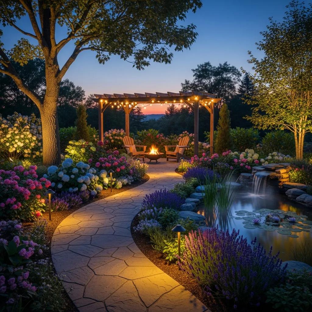 Outdoor lighting illuminating a landscaped garden at dusk, emphasizing maintenance importance