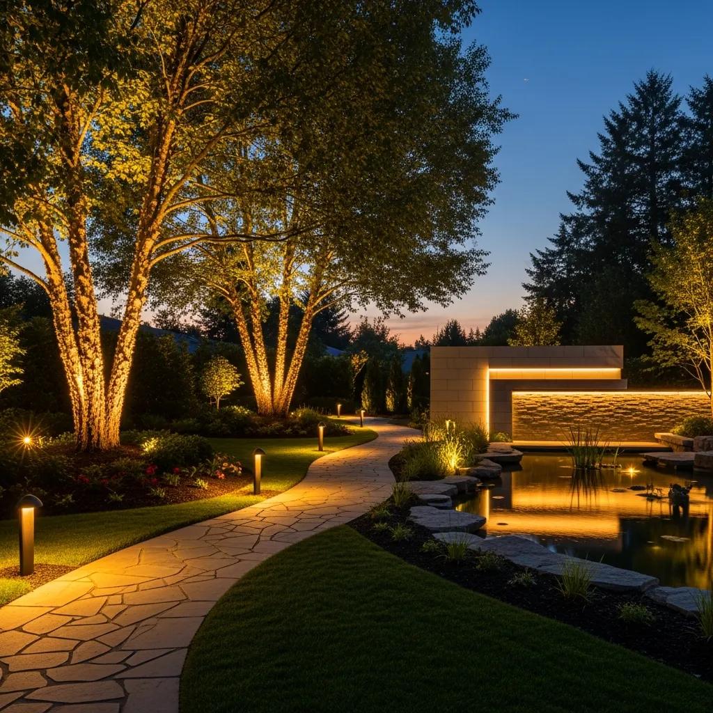 Outdoor lighting installations in a landscaped garden at dusk, showcasing various lighting types