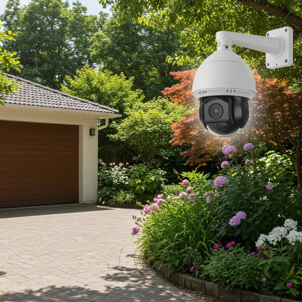 Outdoor security camera system monitoring a residential area with natural surroundings