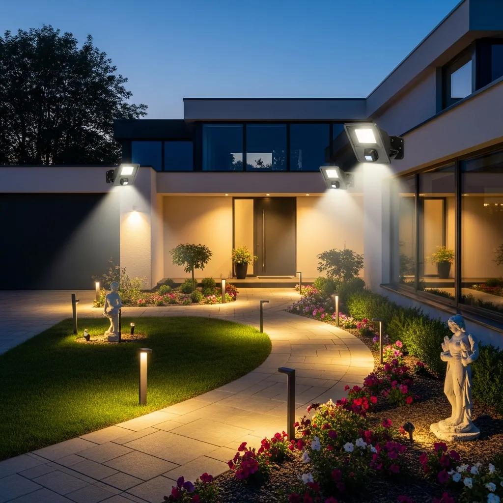Outdoor security lighting illuminating a home entrance and garden, showcasing safety and security features