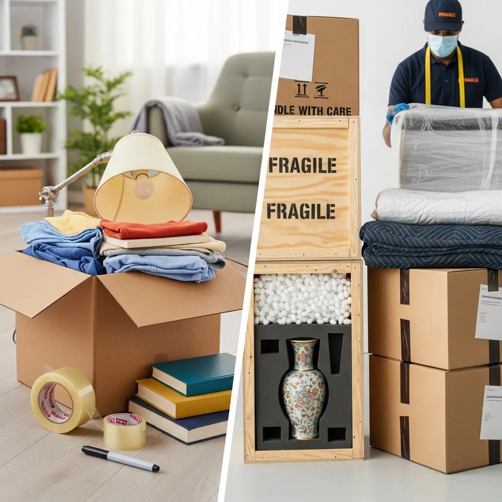 Packing strategies for local and long-distance moves, featuring a box with clothes and a lamp alongside professionally packed fragile items in crates, emphasizing durability and protection for transit.