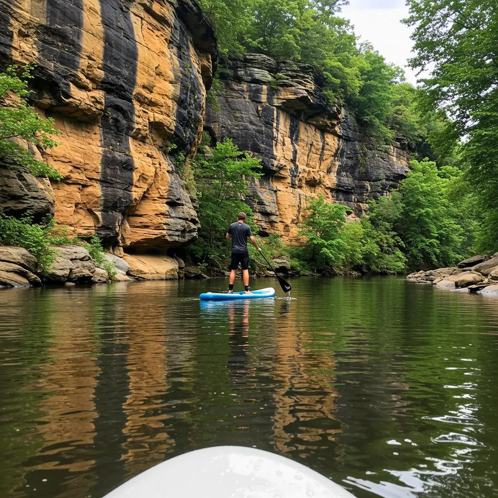 A lone paddleboarder gracefully navigating the calm, reflective waters of New River Gorge, framed by majestic sandstone cliffs A lone paddleboarder gracefully navigating the calm, reflective waters of New River Gorge, framed by majestic sandstone cliffs