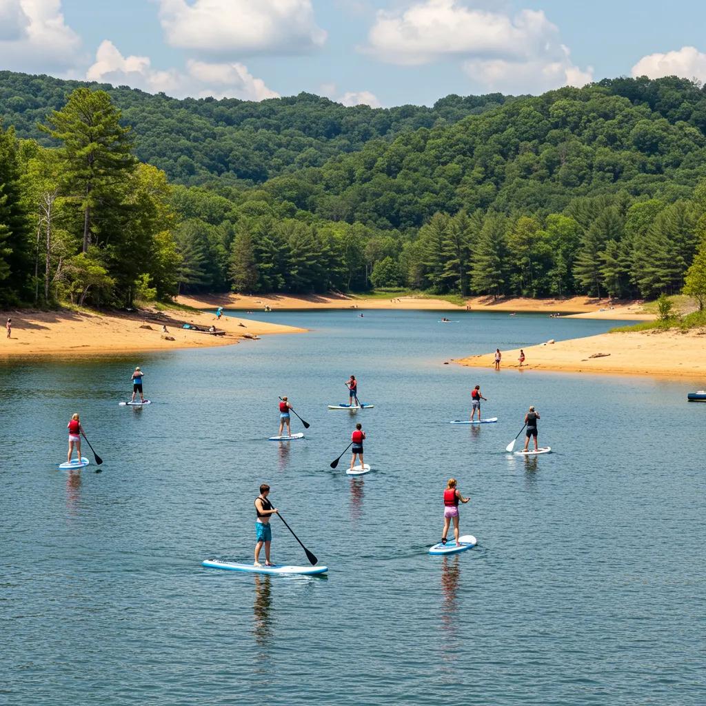 Happy paddleboarders enjoying the calm, clear waters of Summersville Lake, showcasing West Virginia's serene paddleboarding experiences