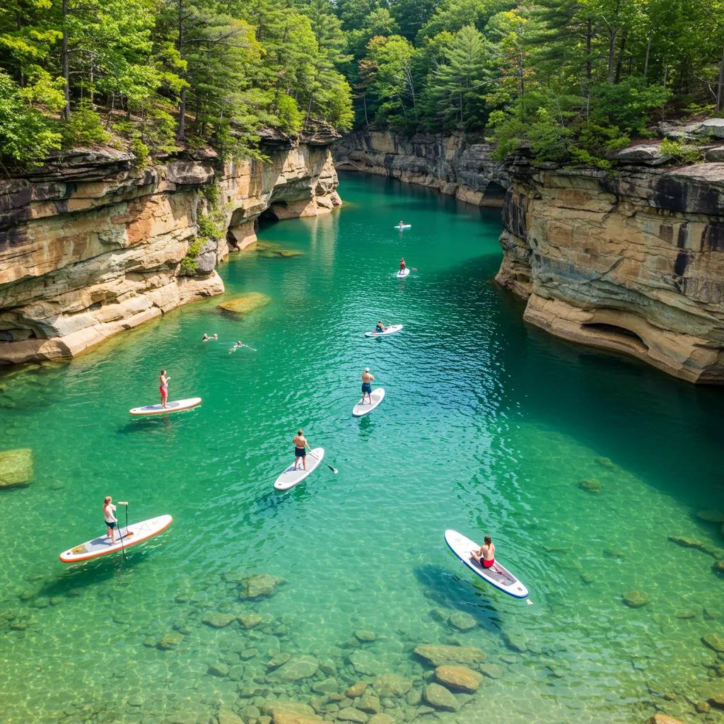 Paddleboarders reveling in the crystal-clear turquoise waters and dramatic scenic cliffs of Summersville Lake Paddleboarders reveling in the crystal-clear turquoise waters and dramatic scenic cliffs of Summersville Lake