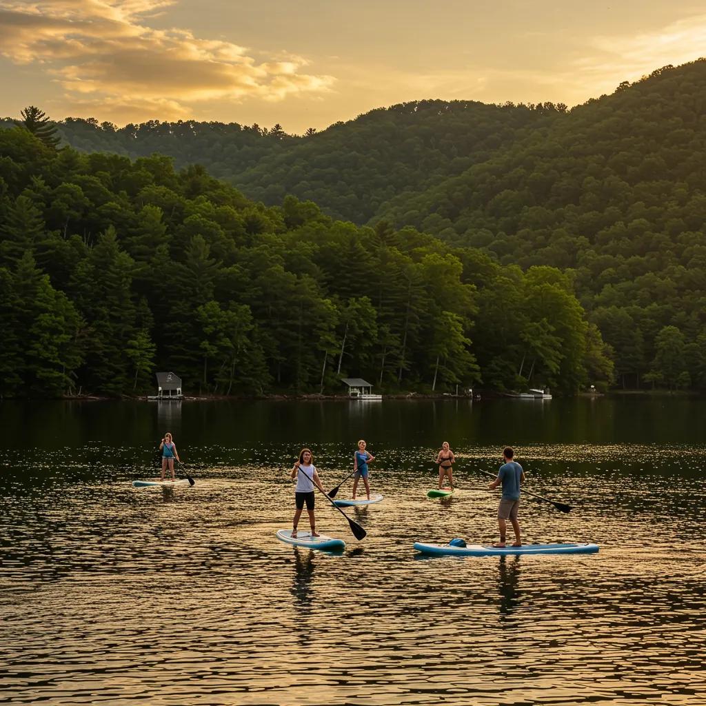 Paddleboarders enjoying a serene West Virginia lake at sunset, capturing the spirit of outdoor adventure
