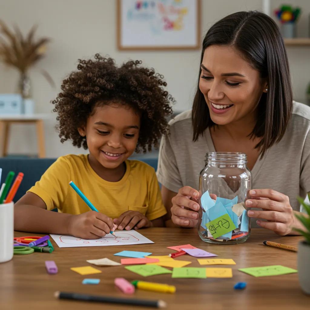 Parent and child creating a gratitude jar, showcasing practical gratitude activities