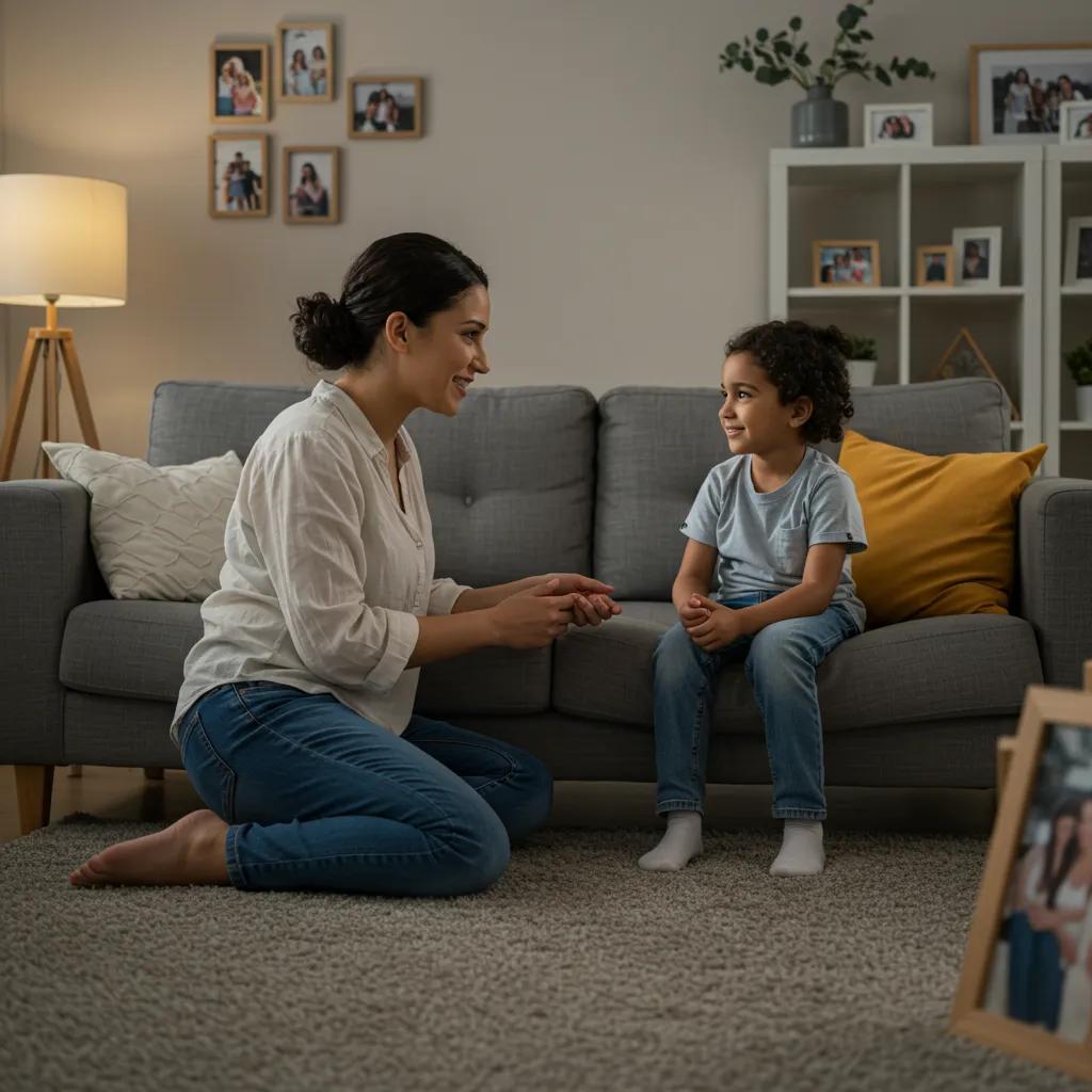 Parent and child engaged in active listening on a cozy couch, emphasizing emotional connection and communication