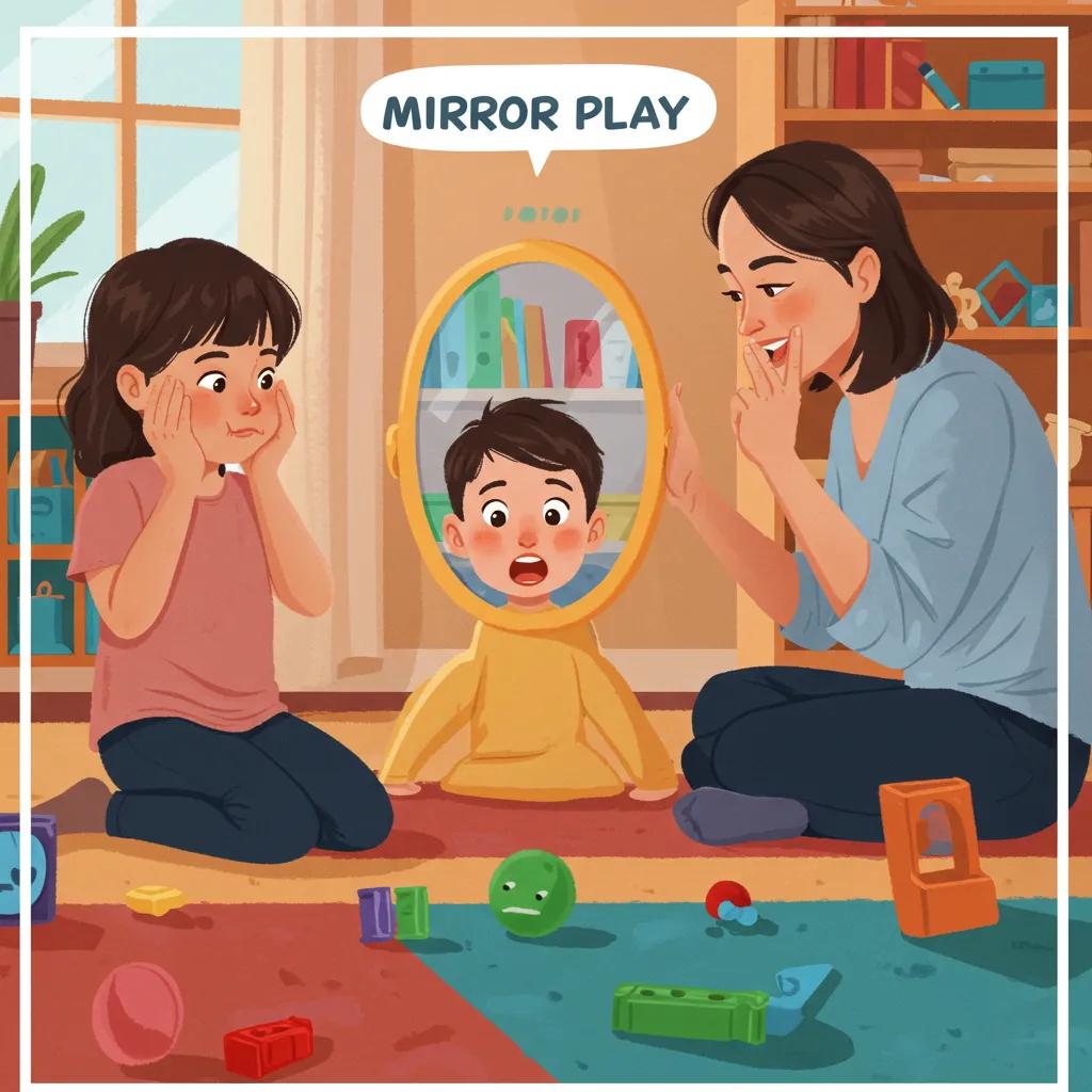 Parent and child engaging in mirror play, fostering emotional intelligence and self-awareness through interactive activities