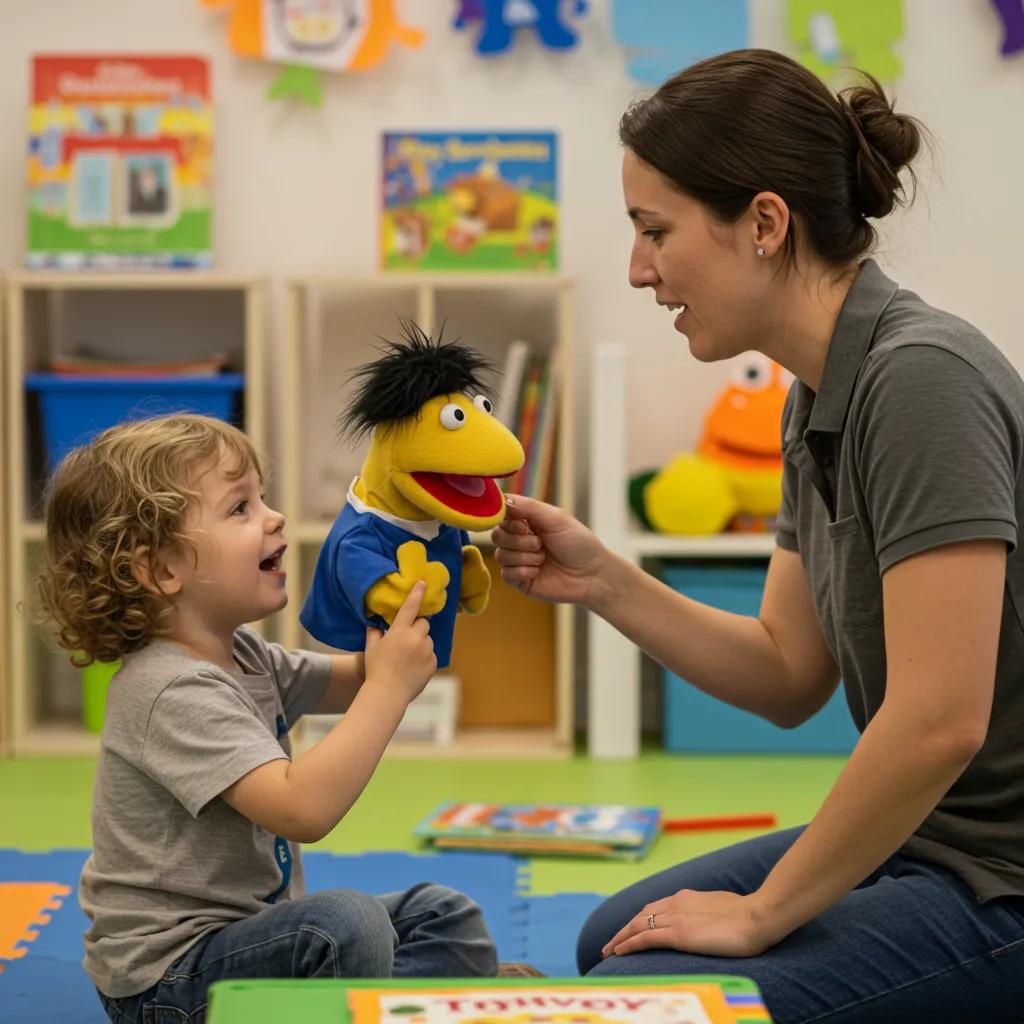 Parent and child using props for interactive storytelling, enhancing engagement and language skills