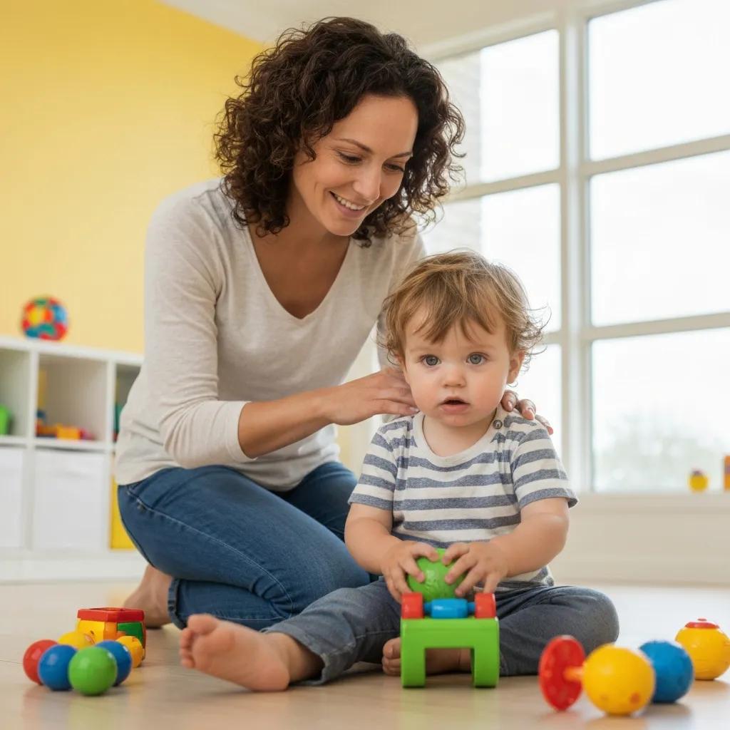 Parent demonstrating calm parenting techniques with a toddler in a cheerful setting