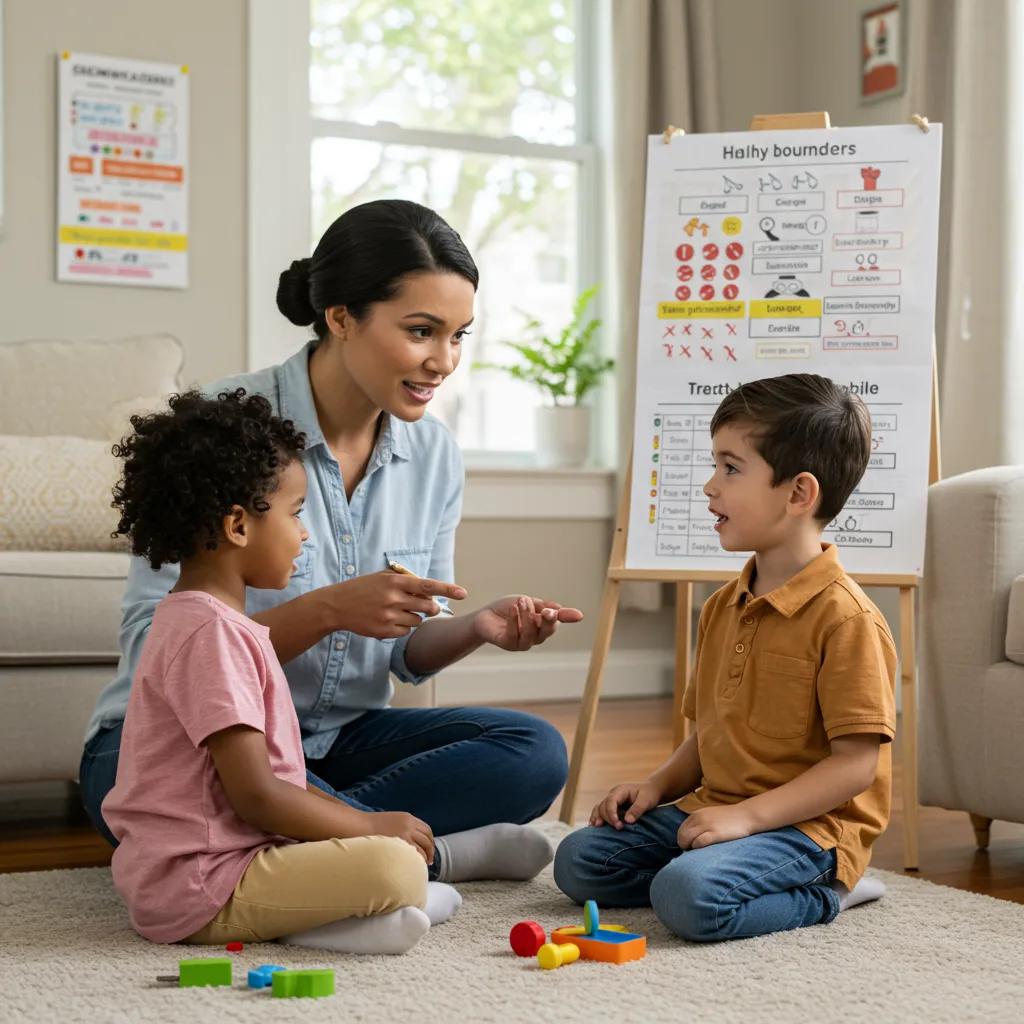 Parent explaining rules to a child in a supportive home environment, highlighting healthy boundaries in parenting Parent explaining rules to a child in a supportive home environment, highlighting healthy boundaries in parenting
