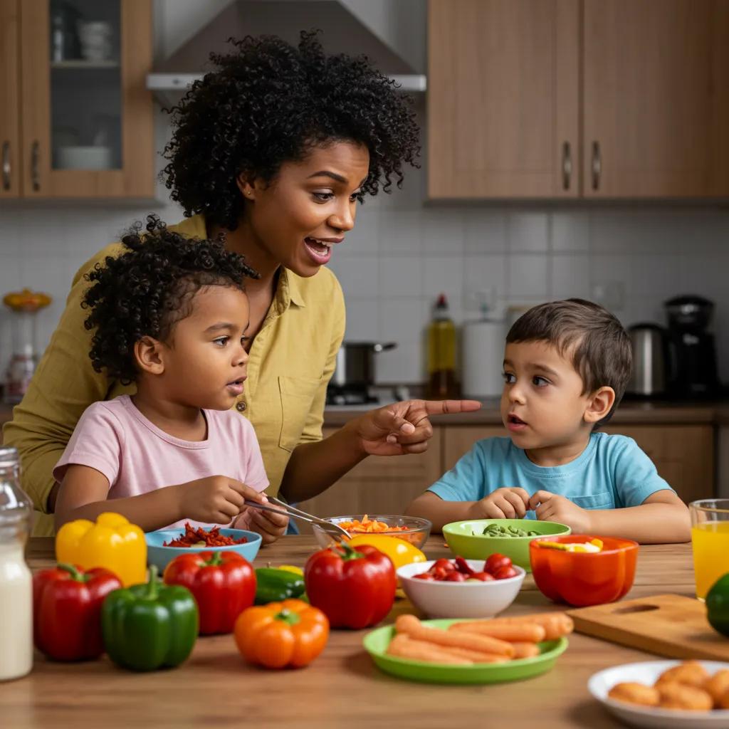 Parent narrating cooking activities to child, illustrating language development in everyday routines