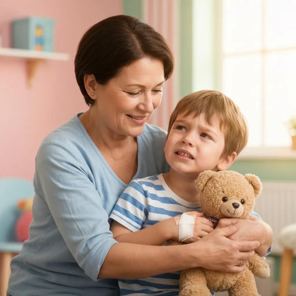Parent providing emotional support to a child after an injury in a warm, inviting space